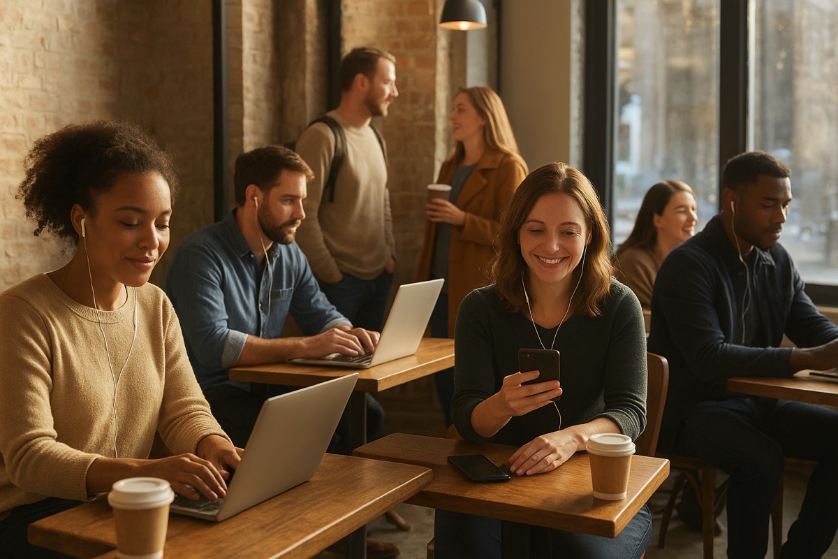 People listening to podcasts in a coffee shop